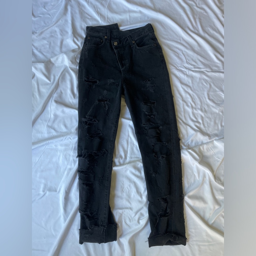 AGOLDE criss-cross waist distressed and ripped black jeans!